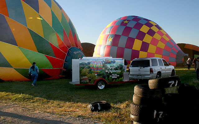 Most balloons arrive in a small trailer, usually towed by a SUV. "Magic Moments V" is piloted by "Scorch."