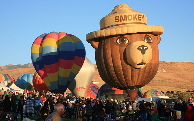 Smokey Bear was one of the few "special shape" balloons in Reno this year. Smokey is piloted by Bill Chapel of Albuquerque, NM. Smokey is jointly sponsored by the US Forest Service, the BLM and the Nevada Forest Service.