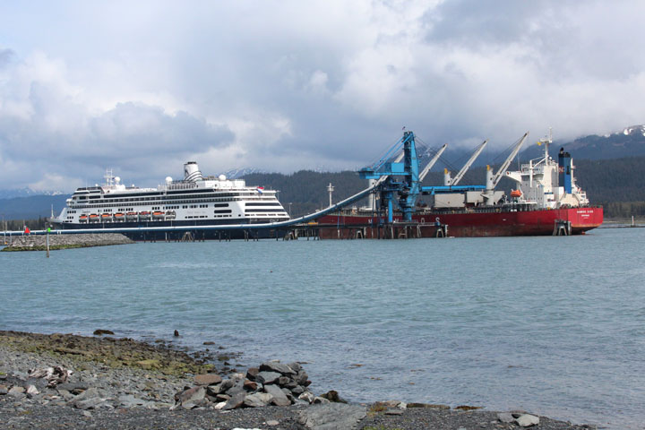 Holland America's Zaandam and a greek freighter are in Seward [k240_t3i_0870]