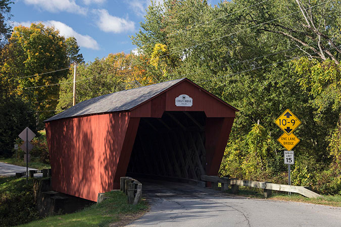 The Cooley Bridge, built in 1849, is a 60 foot Town lattice covered bridge spanning the Furnace Brook on Elm Street in Pittsford, Vermont.