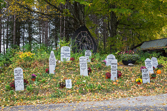 "Cemetery" at Dutton Farm Shed. There are clever comments on the tumbstones.