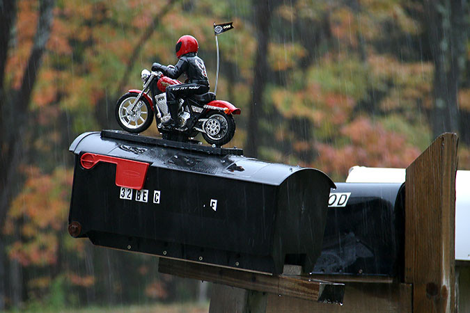 It was raining when Geri shot this mailbox with a motorcycle motif.